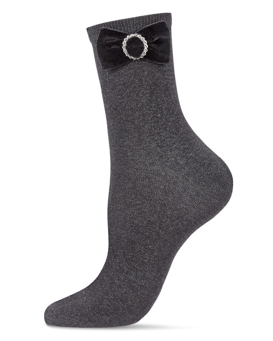 Women's Velvet Bow Metallic Lurex Crew Socks : Color: Black