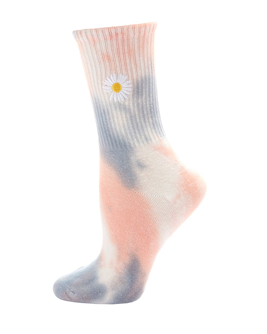 Women's Daisy Embroidered Tie Dye Ribbed Crew Socks : Color: Blush Pink