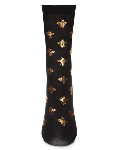 Women's Gold Foil Beautiful Bee Sheer Fashion Crew Sock : Color: Black