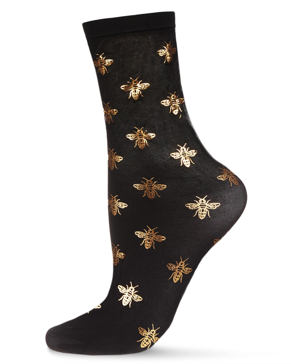 Women's Gold Foil Beautiful Bee Sheer Fashion Crew Sock : Color: Black