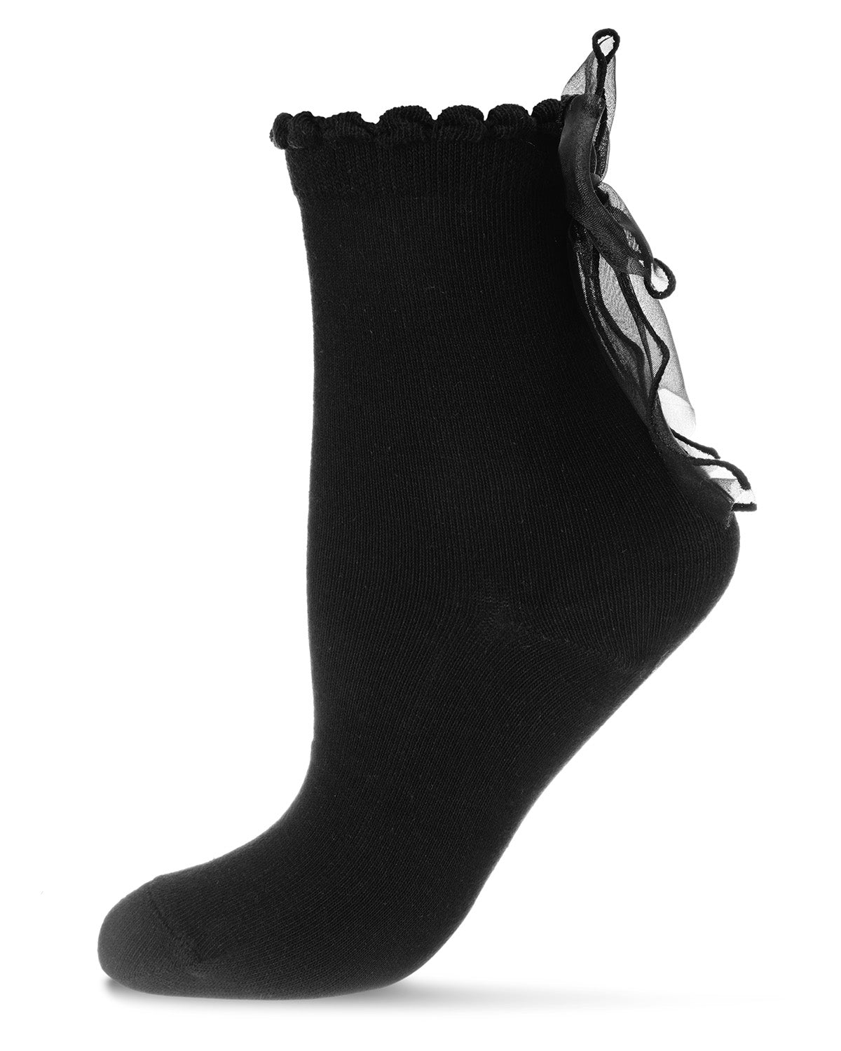 Women's Flowing Ribbon Back Scalloped Edge Crew Socks : Color: Black