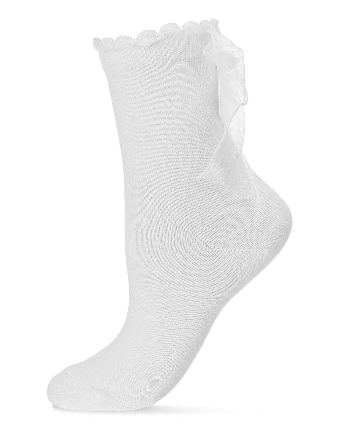 Women's Flowing Ribbon Back Scalloped Edge Crew Socks : Color: White
