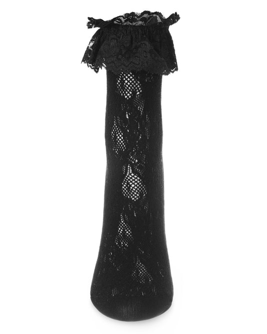 Women's Allover Lace Ruffle Cuff Crew Socks : Color: Black