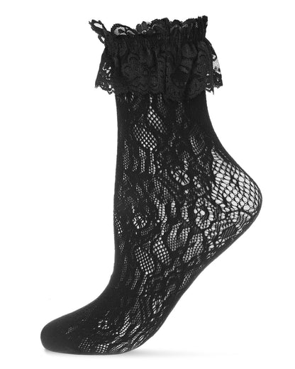 Women's Allover Lace Ruffle Cuff Crew Socks : Color: Black