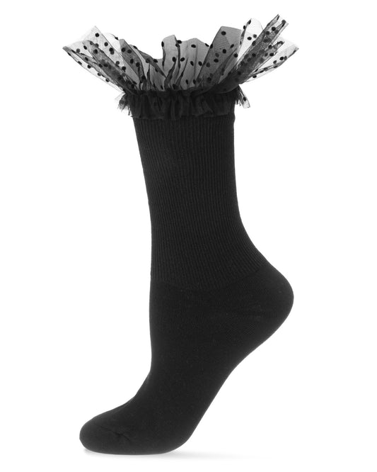 Women's Confetti Tulle Surprise Ruffle Cuff Crew Socks : Color: Black
