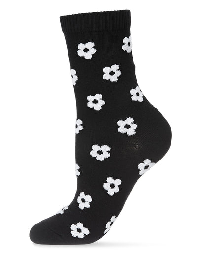 Women's Flocked Contrast Cotton Blend Floral Crew Sock : Color: Black