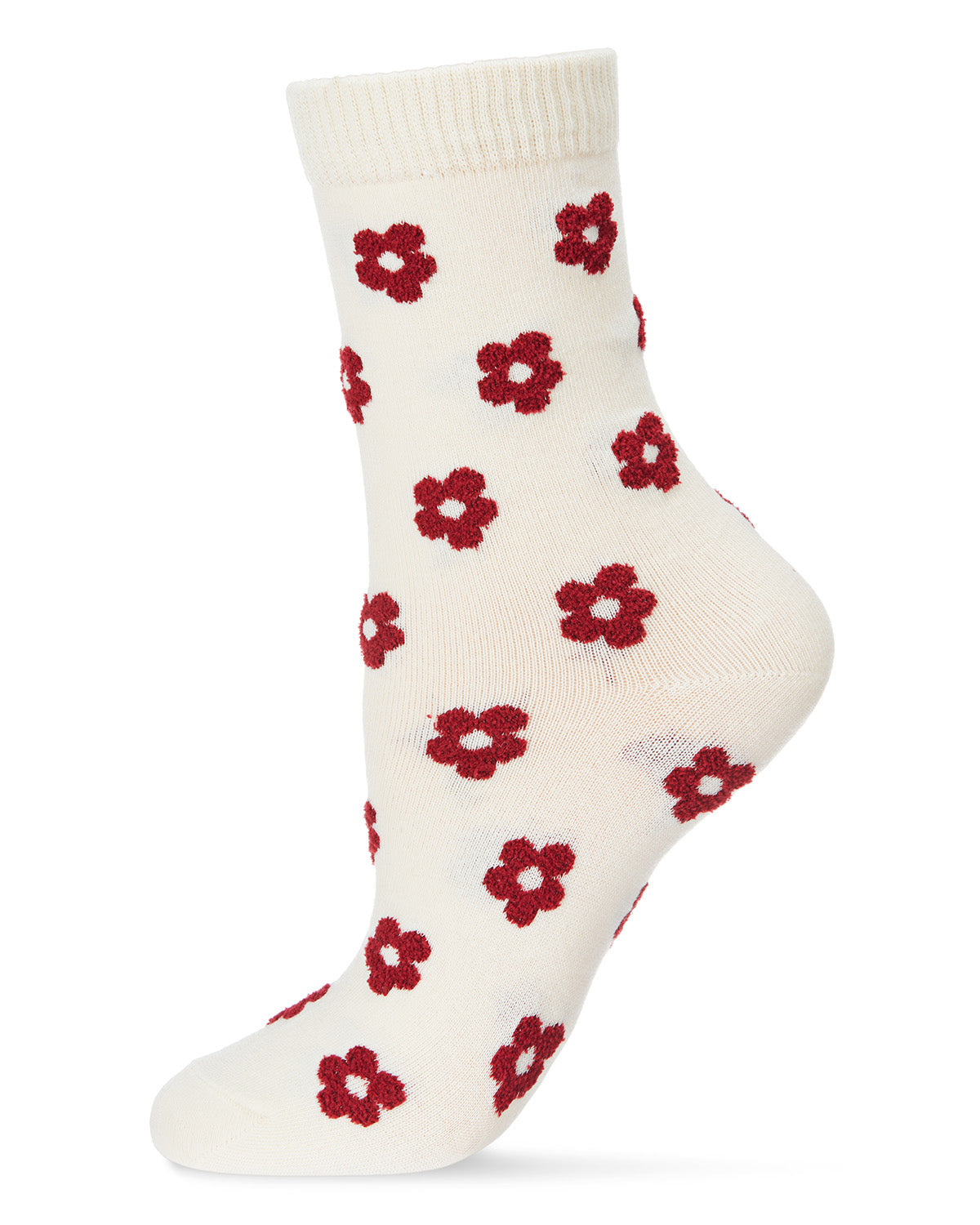 Women's Flocked Contrast Cotton Blend Floral Crew Sock : Color: Ivory