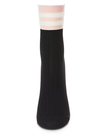 Women's Luxe Cotton Blend Athletic Striped-Cuff Crew Sock : Color: Black