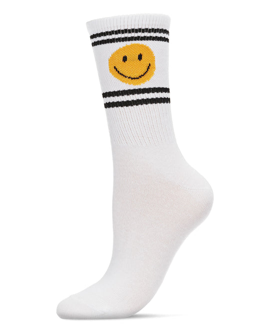 Women's Smiley Face Athletic Double Stripe Crew Sock : Color: White