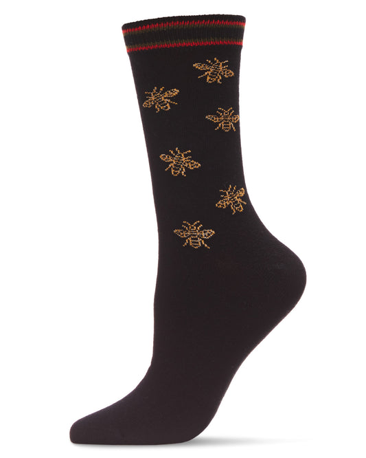 Women's Cotton Blend Striped Woven Buzzing Bee Crew Sock : Color: Black