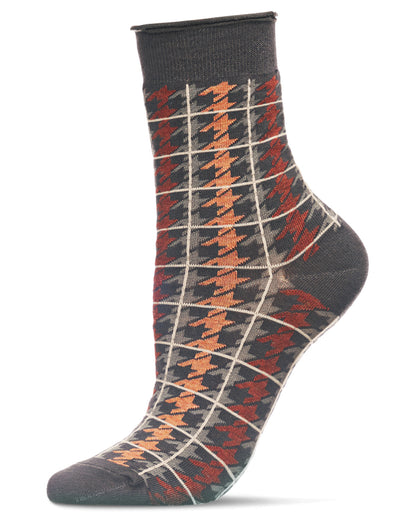 Women's Houndstooth Plaid Roll Cuff Crew Socks : Color: Charcoal Heather
