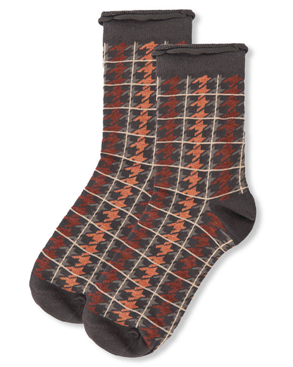 Women's Houndstooth Plaid Roll Cuff Crew Socks : Color: Charcoal Heather