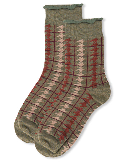 Women's Houndstooth Plaid Roll Cuff Crew Socks : Color: Charcoal Heather