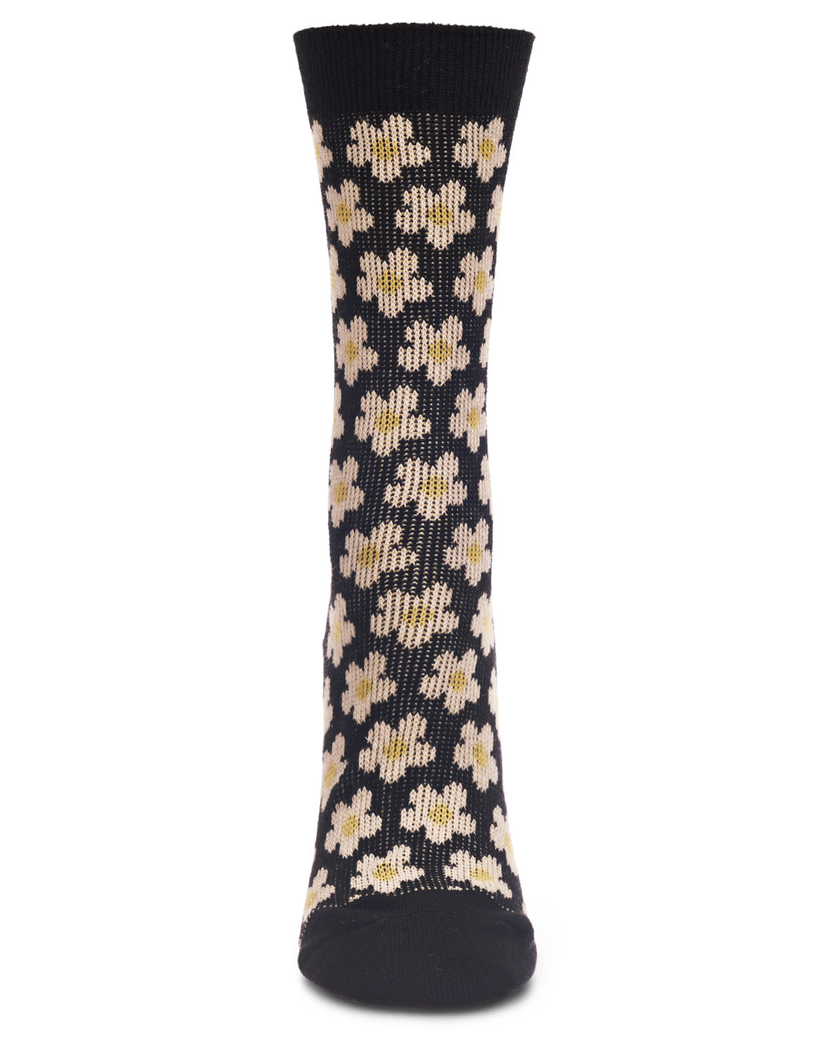 Women's Mod Vintage Style Sweet Daisy Cotton Blend Crew Sock : Color: Black