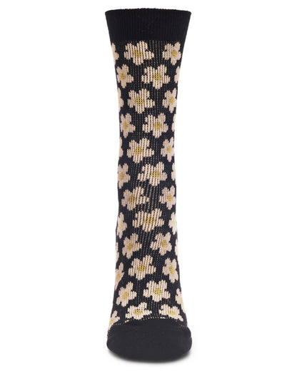 Women's Mod Vintage Style Sweet Daisy Cotton Blend Crew Sock : Color: Black