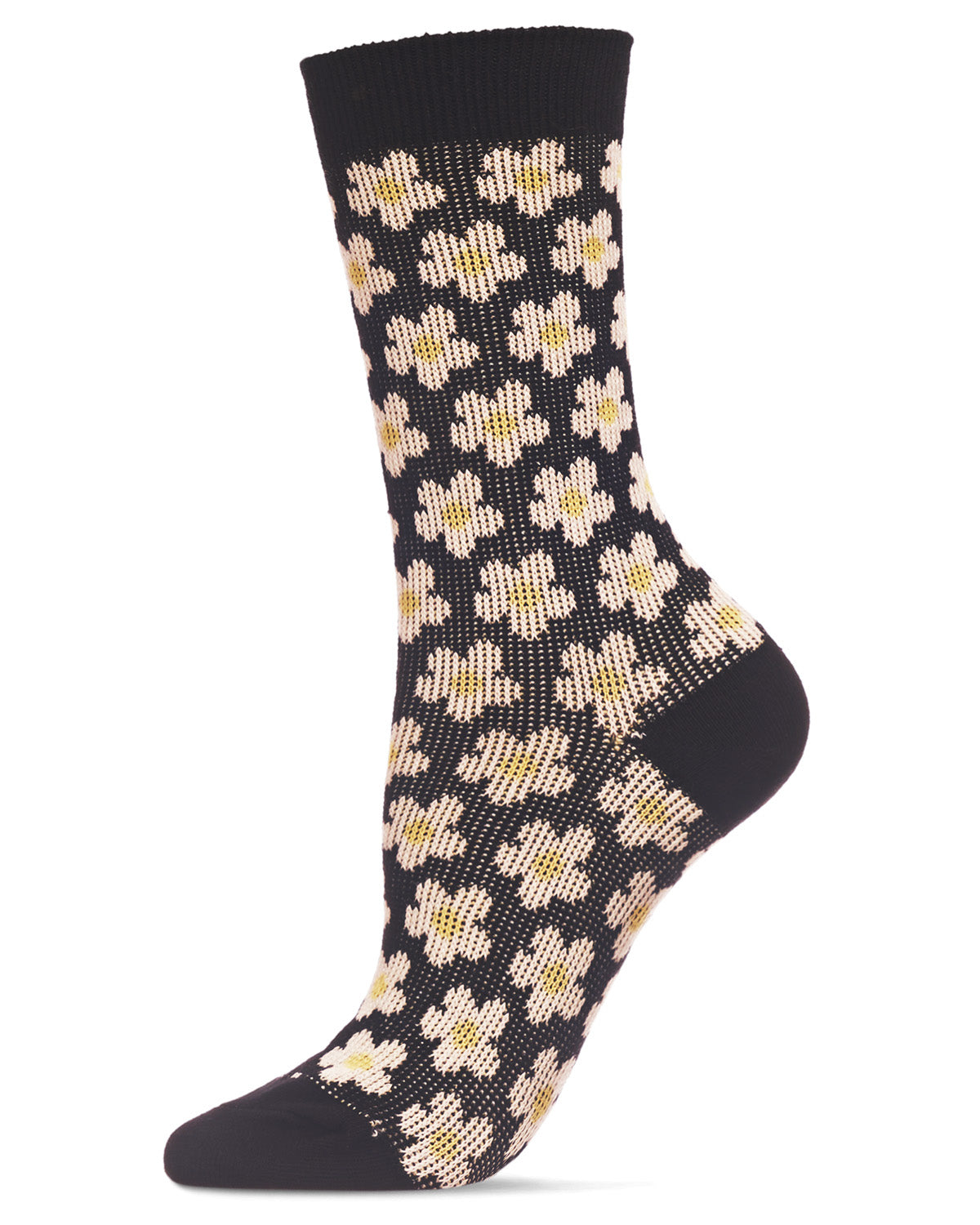 Women's Mod Vintage Style Sweet Daisy Cotton Blend Crew Sock : Color: Black
