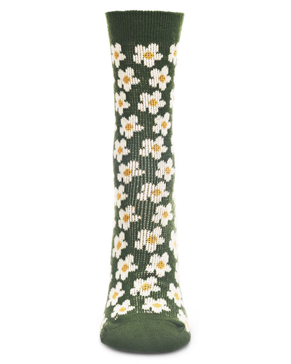 Women's Mod Vintage Style Sweet Daisy Cotton Blend Crew Sock : Color: Forest Green