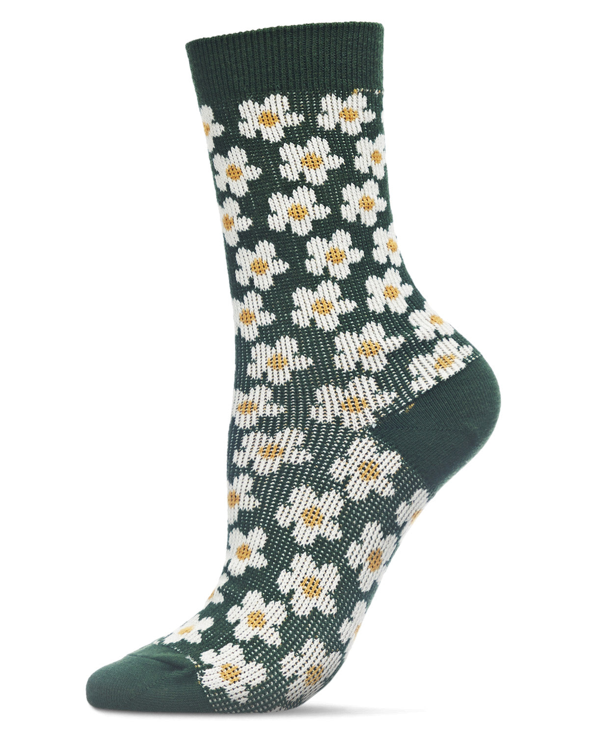 Women's Mod Vintage Style Sweet Daisy Cotton Blend Crew Sock : Color: Forest Green