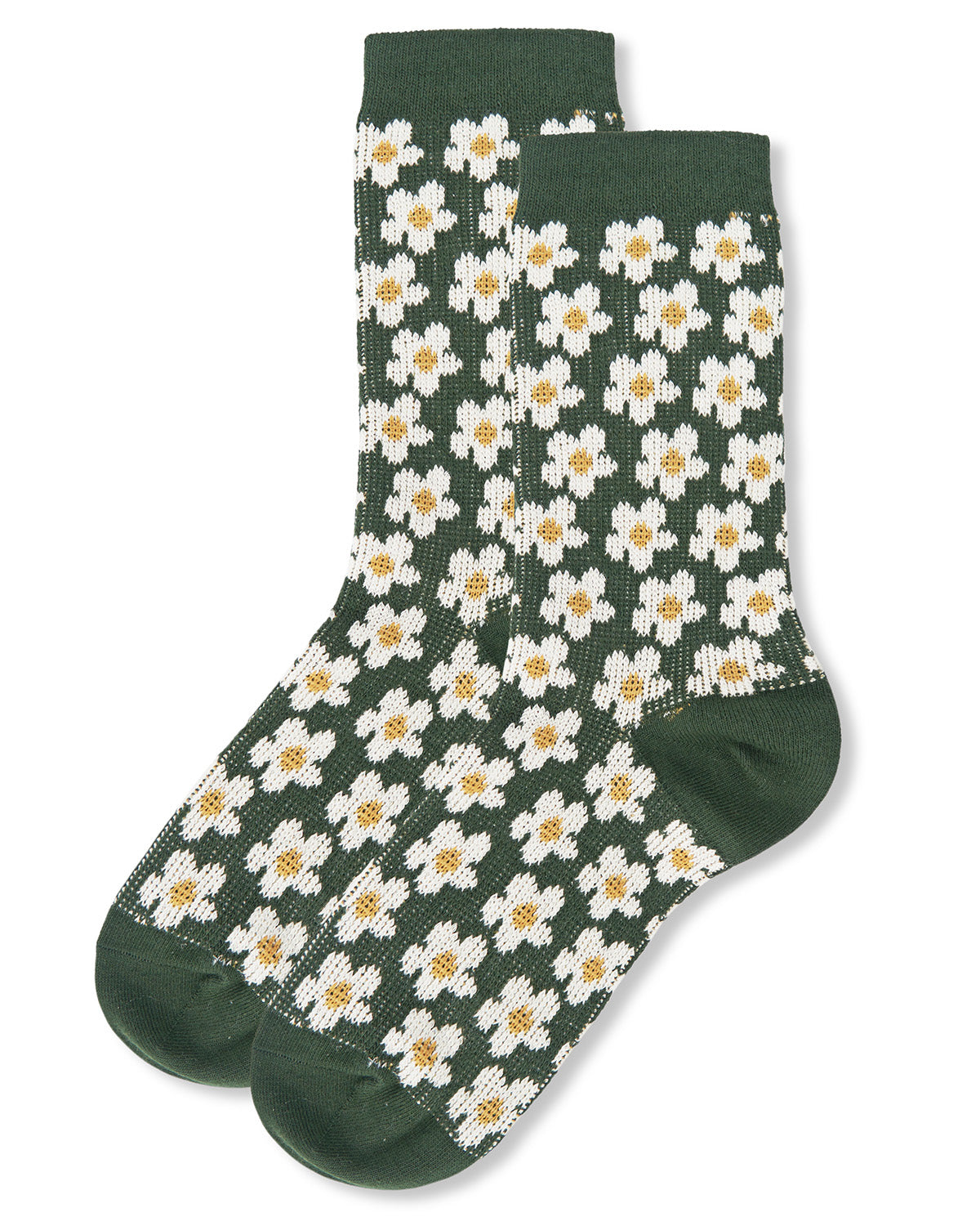 Women's Mod Vintage Style Sweet Daisy Cotton Blend Crew Sock : Color: Forest Green