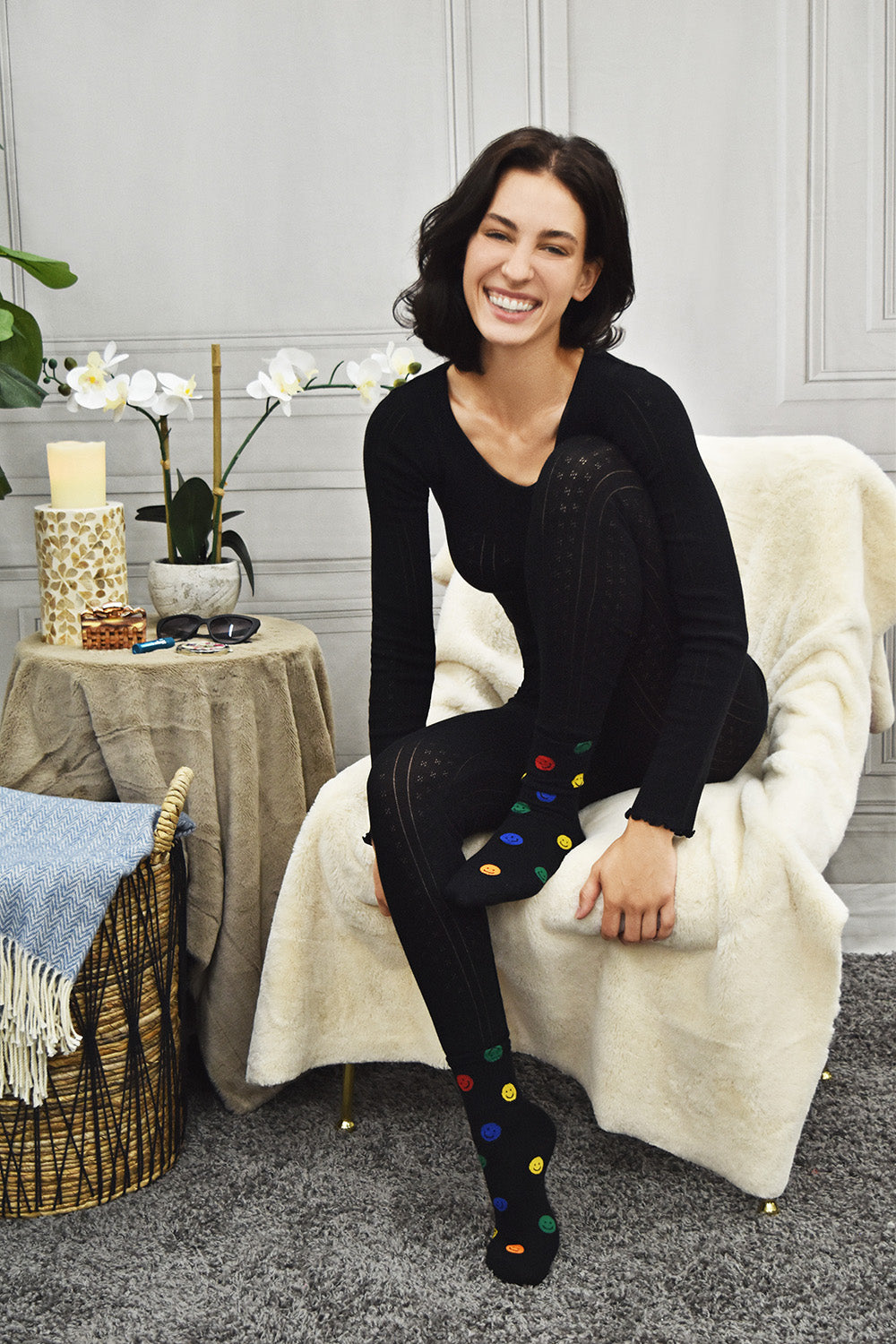 Women's Happy Days Cotton Blend Smiley Face Crew Sock : Color: Black