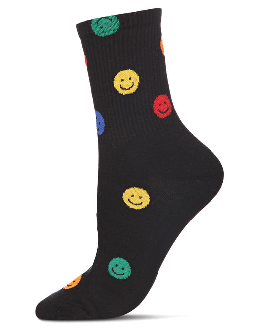 Women's Happy Days Cotton Blend Smiley Face Crew Sock : Color: Black