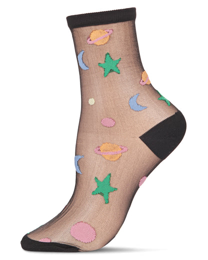 Women's Colorful Outer Space Sheer Crew Socks : Color: Black