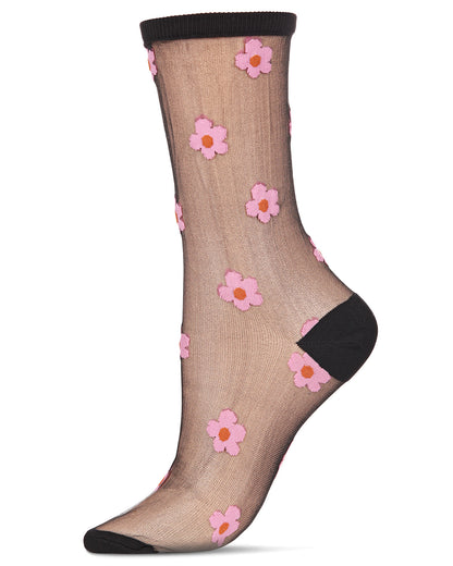 Women's Delightful Daisies Sheer Crew Socks : Color: Black