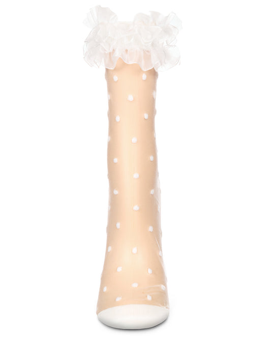 Women's Polka Dot Ruffle Lace Cuff Sheer Crew Socks : Color: White
