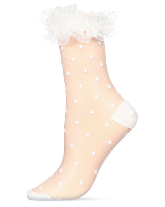 Women's Polka Dot Ruffle Lace Cuff Sheer Crew Socks : Color: White