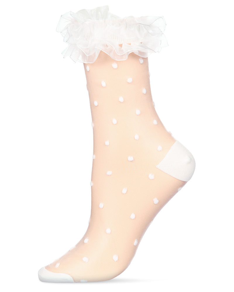 Women's Polka Dot Ruffle Lace Cuff Sheer Crew Socks
