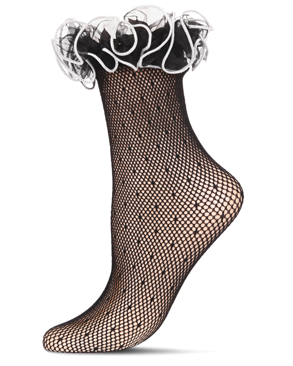 Women's Swiss Dot Ruffle Lace Cuff Sheer Crew Socks : Color: Black