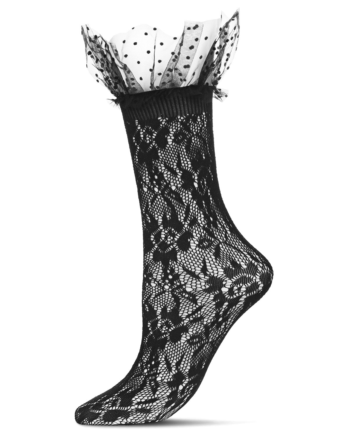 Women's Floral Ruffle Polka Dot Cuff Crew Socks : Color: Black