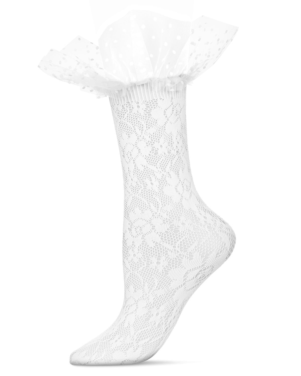 Women's Floral Ruffle Polka Dot Cuff Crew Socks : Color: White