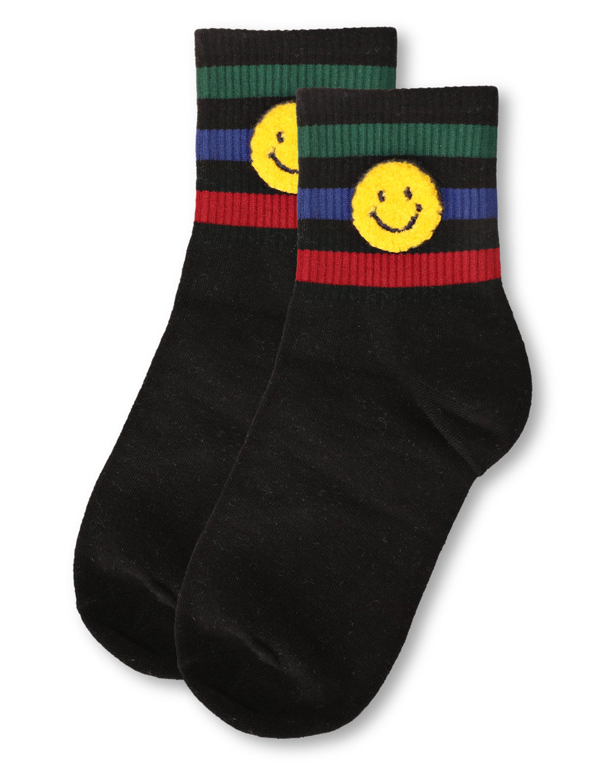 Women's Smiley Terry Patch Stripe Crew Socks : Color: Black