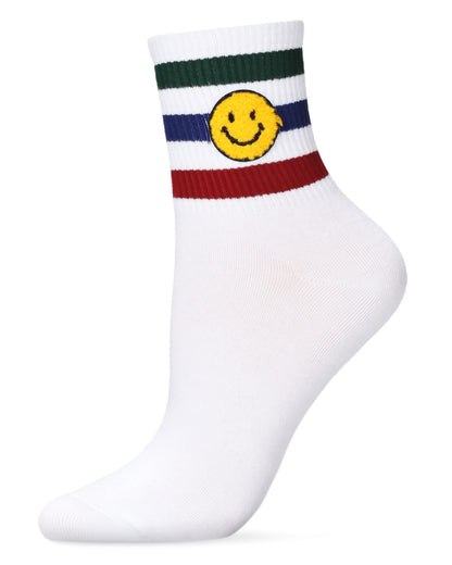 Women's Smiley Terry Patch Stripe Crew Socks : Color: White