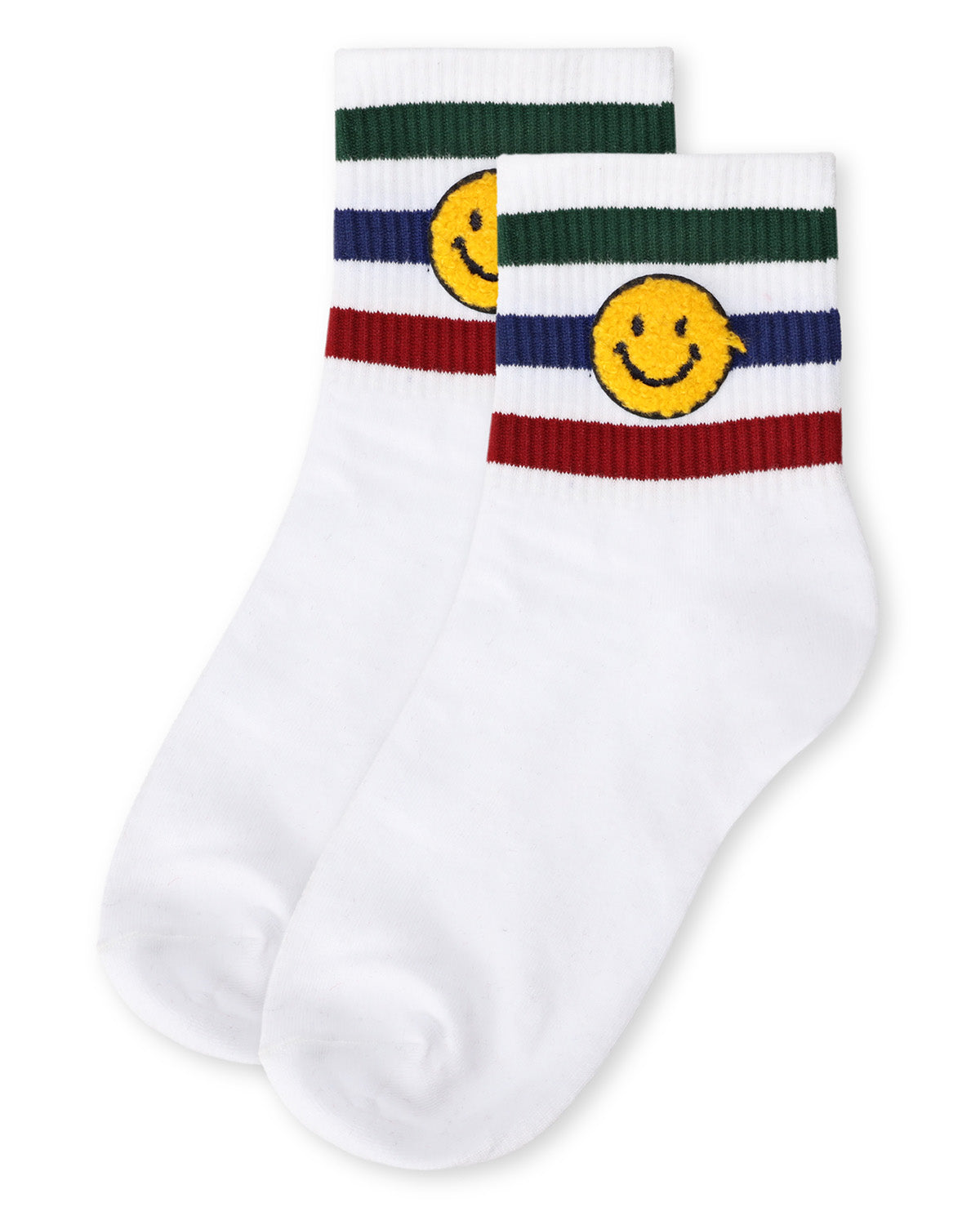 Women's Smiley Terry Patch Stripe Crew Socks : Color: Black