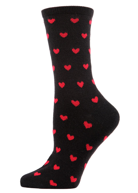Women's Soft Heart Print Cashmere Blend Crew Sock : Color: Black