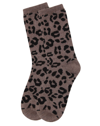 Women's Soft Leopard Animal Print Cashmere Blend Crew Socks : Color: Hemp Heather