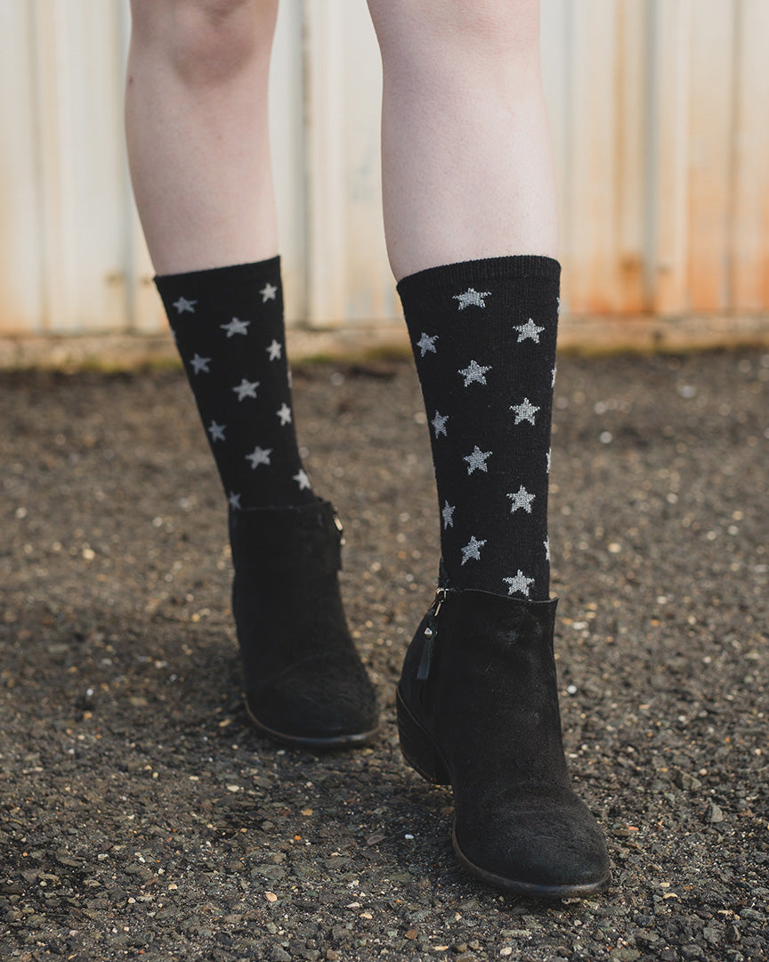 Women's Intergalactic Stars Cashmere Blend Crew Socks : Color: Black