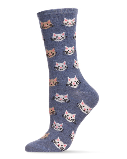 Women's Soft Cheerful Cat Face Cashmere Crew Socks : Color: Denim Heather