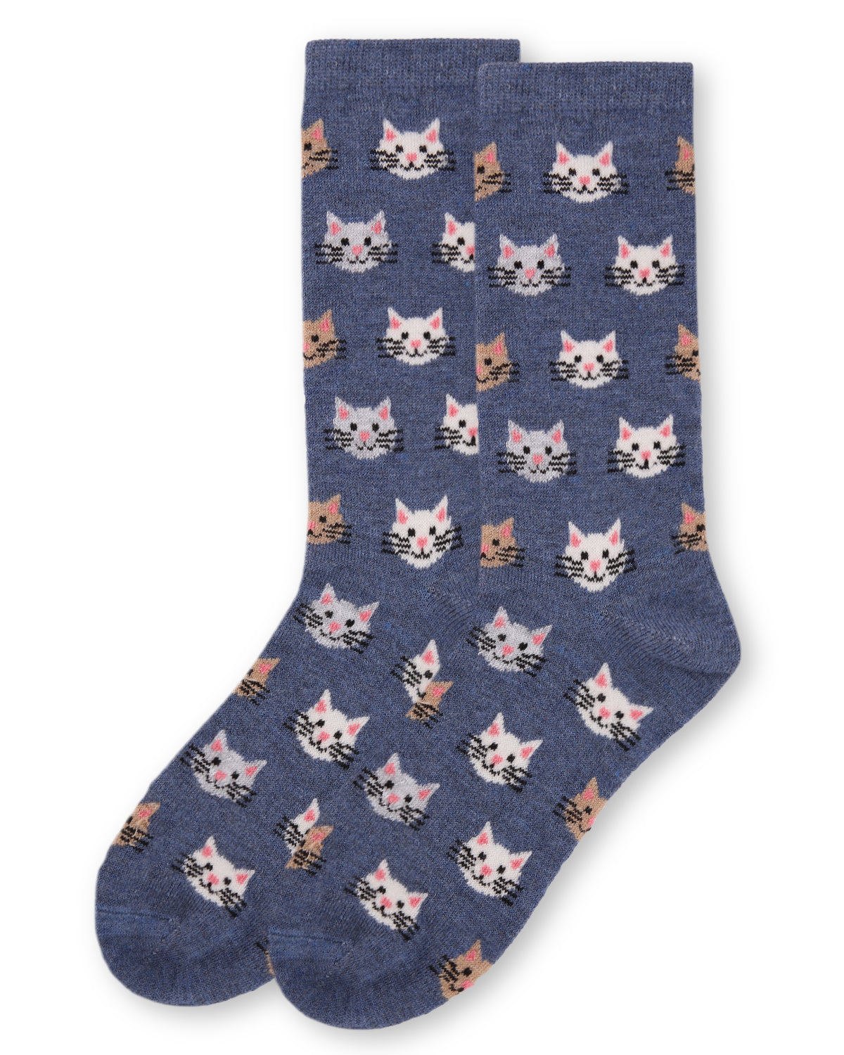 Women's Soft Cheerful Cat Face Cashmere Crew Socks : Color: Denim Heather