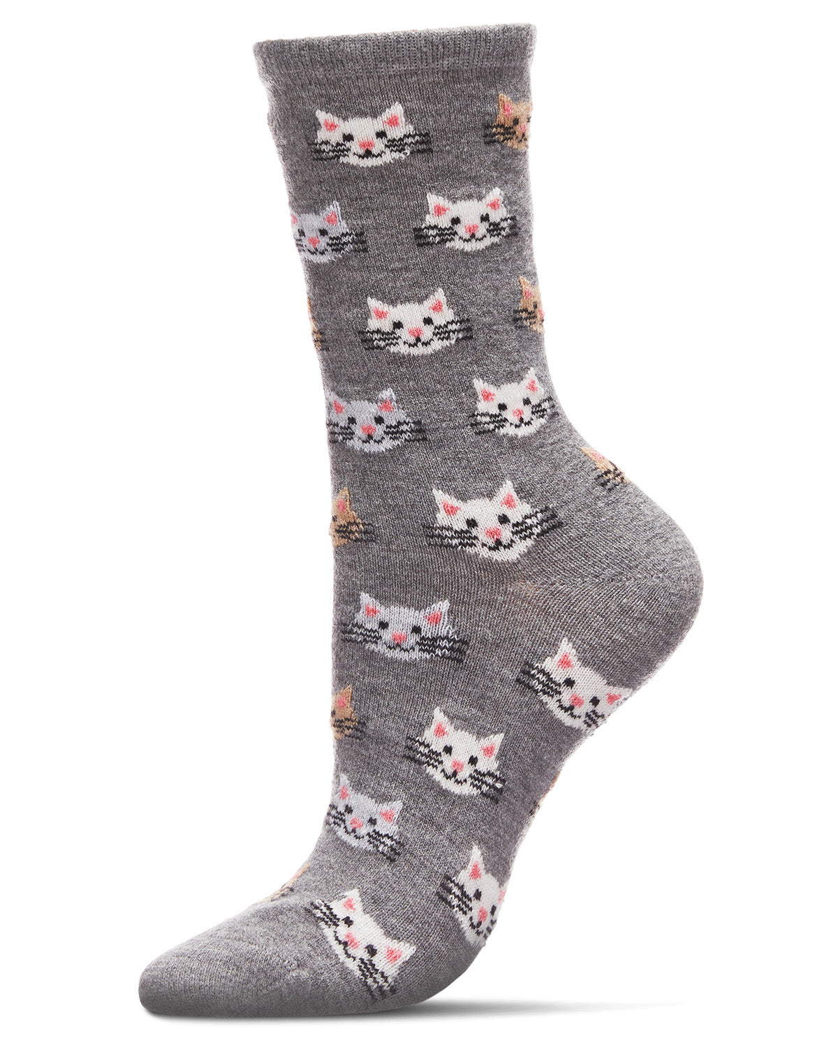 Women's Soft Cheerful Cat Face Cashmere Crew Socks : Color: Med Gray Heather