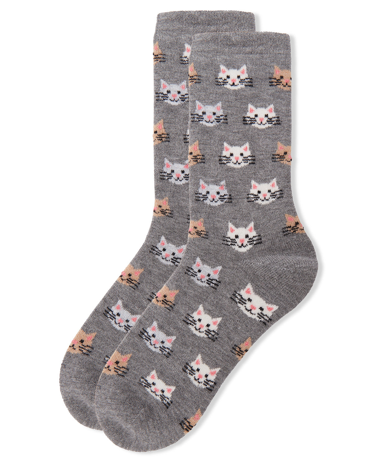 Women's Soft Cheerful Cat Face Cashmere Crew Socks : Color: Med Gray Heather