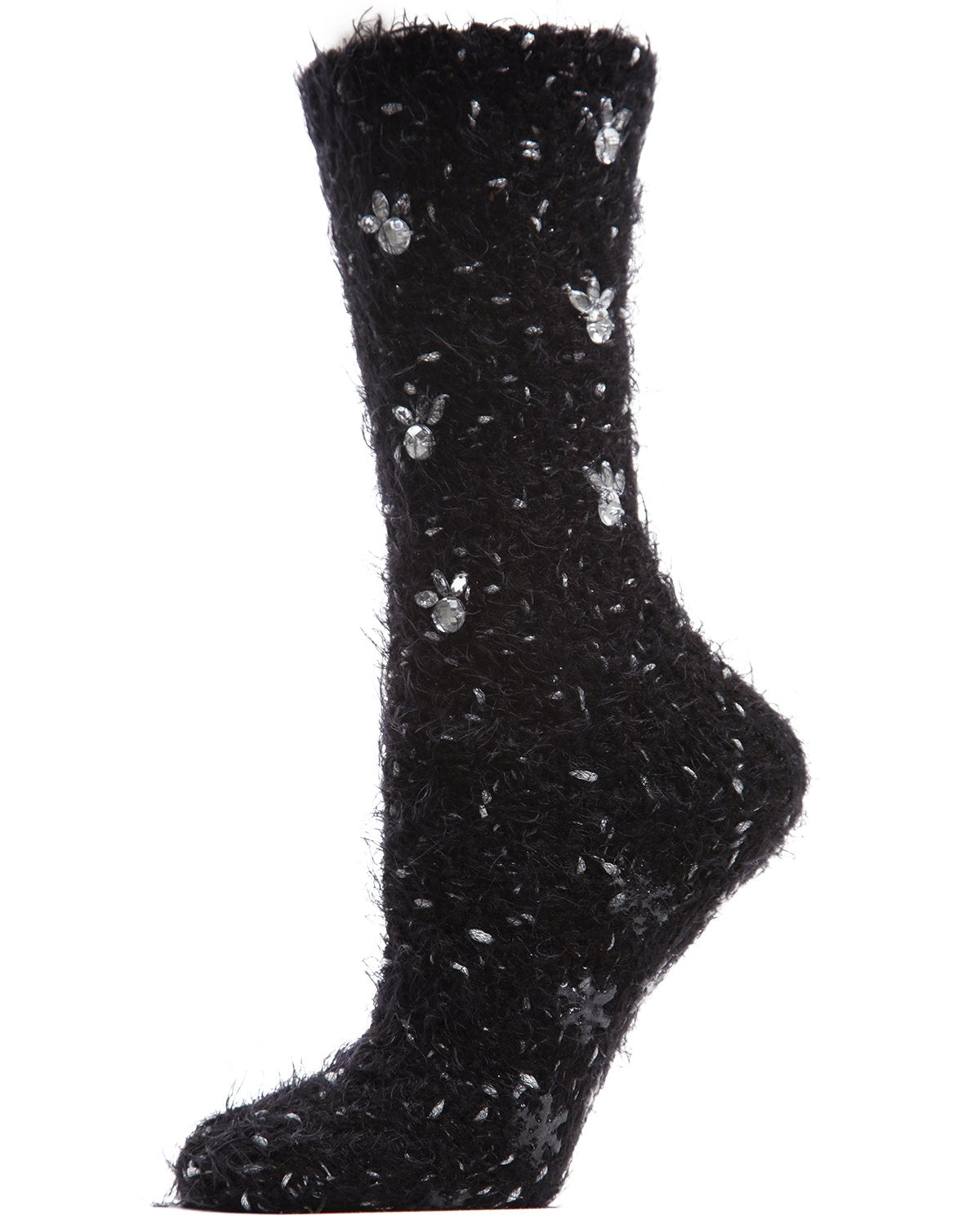 Women's Floral Rhinestone Gems Plush Crew Socks : Color: Black