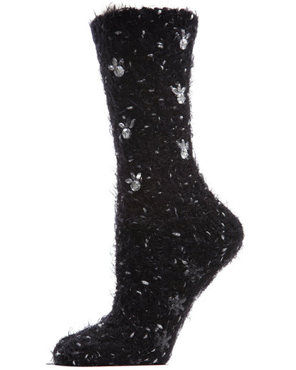 Women's Floral Rhinestone Gems Plush Crew Socks : Color: Black