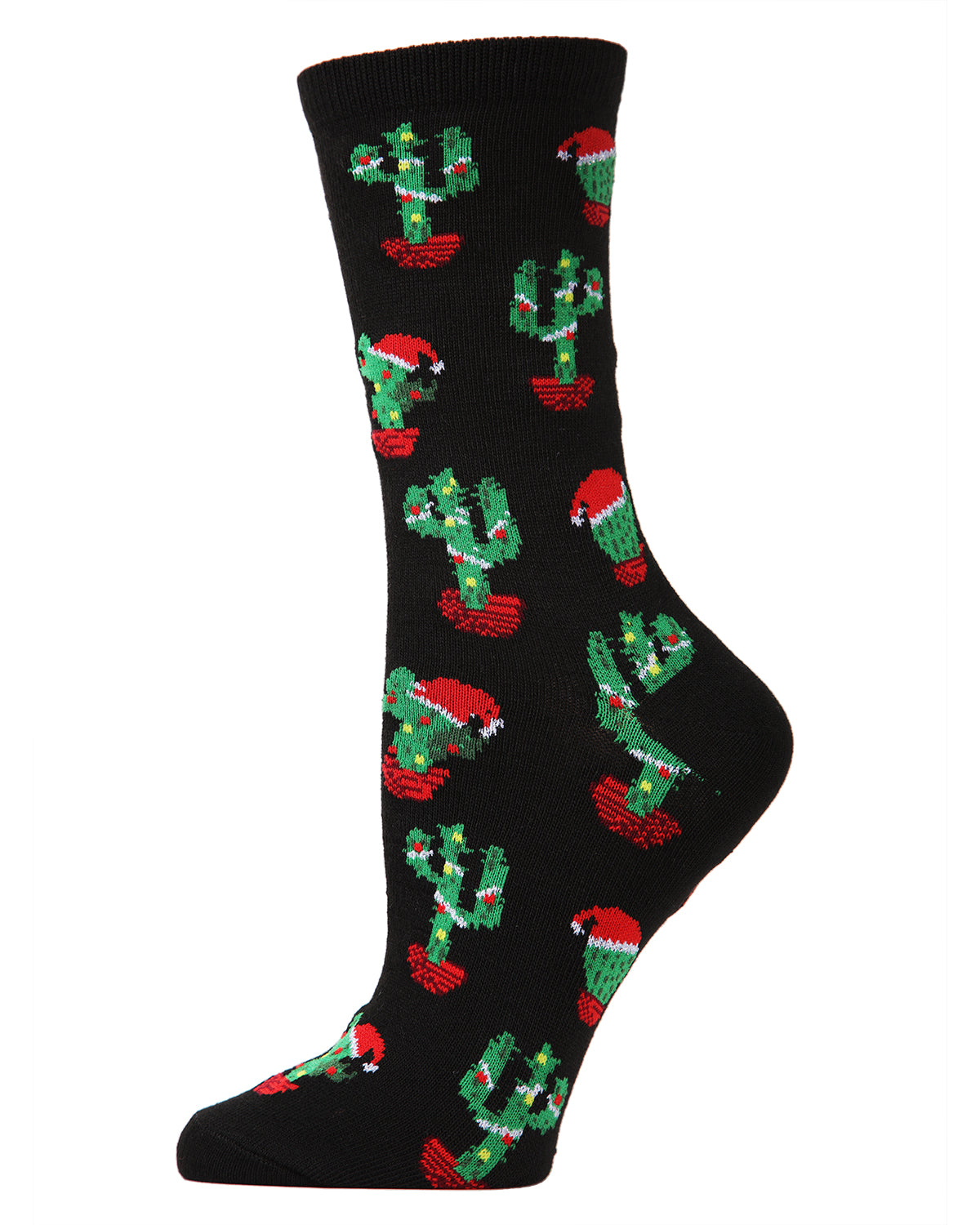 Women's Christmas Cactus Festive Crew Socks : Color: Black