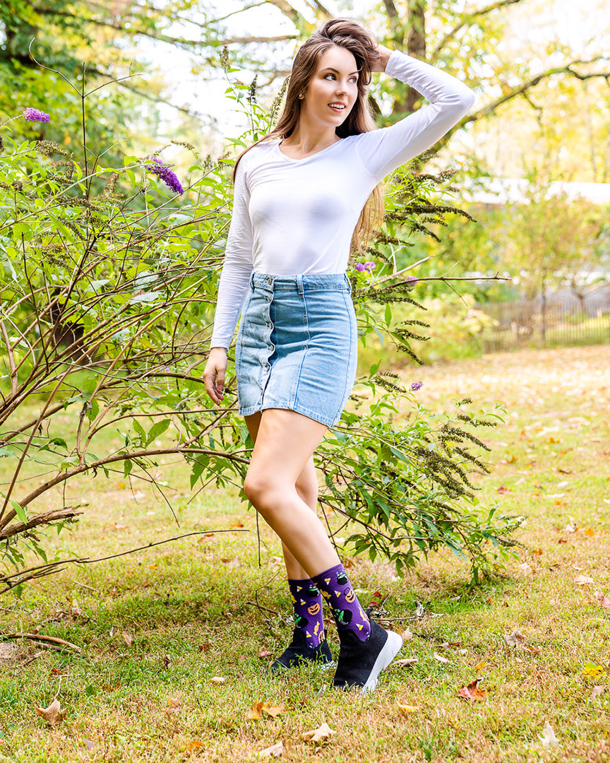 Women's Festive Pumpkin Crew Socks : Color: Imperial Purple