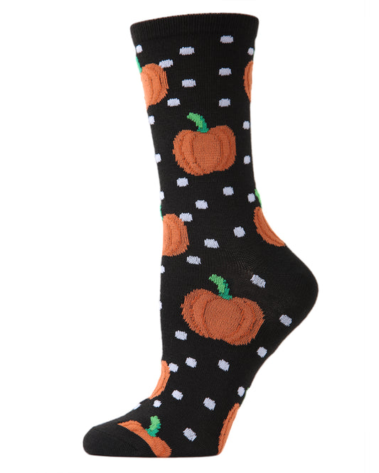 Women's Pumpkin Polka Dot Festive Crew Socks : Color: Black