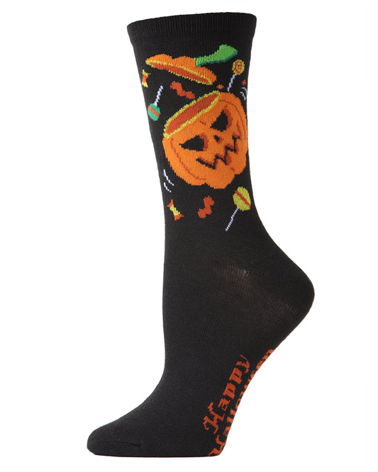 Women's Pumpkin Treat Halloween Crew Socks : Color: Black