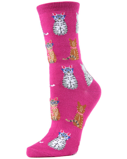 Studious Cats Bamboo Blend Crew Socks : Color: Fuchsia